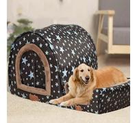 Large Dog House Washable, Anxiety Relief Calming Dog Bed With Orthopedic Cushion Pad, Winter Warm Soft Cat Cave, 2 In 1 Dog Couch Tent(Dark stars,2XL)