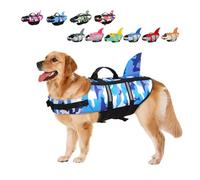 Large Dog Life Jacket Shark, Dog Swimming Safety Vest with Reflective Stripes & Rescue Handle, Adjustable High Buoyancy S/M/L Dog Swim Life Preserver for Water at Pool, Beach, Boating Camo Blue L