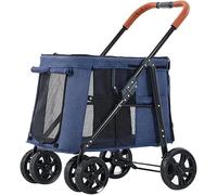 Large Dog Pram Stroller Pet Cat Cart Carriage Luxury Dog Trolley Foldable for 2 Cats, Pet Strollers for Large Dogs, Dog Pushchair for Twin or Multiplel, Load-Bearing 66lbs(Blue)