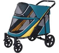 Large Dog Stroller-4 Wheel Pet Strollers for Medium Dogs or 2 Dogs- One-Click Foldable - Large Breathable Mesh & Sunroof - All Terrain Pet Stroller for Medium Senior Dog up to 88 lbs (Green-Yellow)