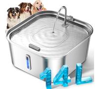 Large Dog Water Fountain 14L/3.7Gal, Stainless Steel Pet Fountain for Large Dogs and Multi-Pets Families, with Visible Window & Extra Wide Drinking Area, Square Design Enlarges Capacity & Saves Space