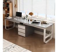 Large Double Gaming Desk for 2 94.48in Wood Workstation with Drawers - Spacious Home Office Writing Table for Collaborative Study and Gaming (Gray)