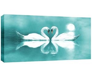 Large Duck Egg Blue Swans Canvas Picture Wall Art two swans heart 103 x 52cm ready to hang by Canvas Interiors