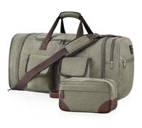 Large Duffle Bag for Travel, 60L Canvas Travel Duffel Bags Travel Bags Overnight Weekend Gym Bag Carry On Duffel Bag with Wet Dry Separation Pocket & Shoe Compartment, Army Green+Toiletry Bag