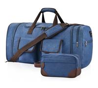 Large Duffle Bag for Travel, 60L Canvas Travel Duffel Bags Travel Bags Overnight Weekend Gym Bag Carry On Duffel Bag with Wet Dry Separation Pocket & Shoe Compartment, Blue+Toiletry Bag, Expandable