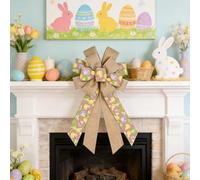 Large Easter Wreath Bow with Bunny Ears, Rustic Burlap Spring Bows for Front Door Wreaths, Handmade Rabbit Ribbon Ornament for Wall Tree Topper Holiday Decoration