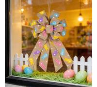 Large Easter Wreath Bow with Bunny Ears, Rustic Burlap Spring Bows for Front Door Wreaths, Handmade Rabbit Ribbon Ornament for Wall Tree Topper Holiday Decoration