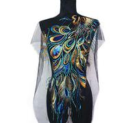 Large Embroidery Sequin Peacock Feather Fabric Lace Applique Net Trim Sewing Collar Patch Motif Wedding Dress Bridal DIY Crafts (Blue)