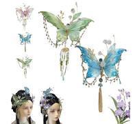 Large Fairy Wing Hair Clips with Sparkling 3D Butterfly Beaded Tassel Design, Claw Style Clamp for Women Hairstyles Accessories, Elegant Tear Drop Detailing Secure Hold (Green+Blue)