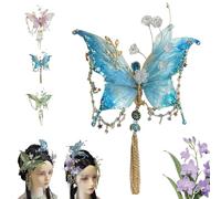Large Fairy Wing Hair Clips with Sparkling 3D Butterfly Beaded Tassel Design, Claw Style Clamp for Women Hairstyles Accessories, Elegant Tear Drop Detailing Secure Hold (Blue)