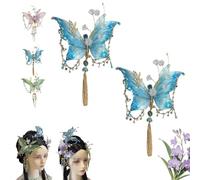 Large Fairy Wing Hair Clips with Sparkling 3D Butterfly Beaded Tassel Design, Claw Style Clamp for Women Hairstyles Accessories, Elegant Tear Drop Detailing Secure Hold (2 Pcs Blue)