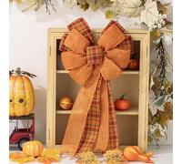 Large Fall Wreath Bows,Thanksgiving Wreath Bow,FallBows for Wreath Fall Tree Topper Bow,Natural Burlap B ow with Orange Pumpkin,Autumn Halloween B ow for Front Door Outdoor Holiday Party Home Decor