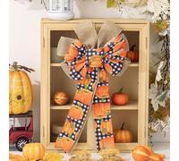 Large Fall Wreath Bows,Thanksgiving Wreath Bow,FallBows for Wreath Fall Tree Topper Bow,Natural Burlap B ow with Orange Pumpkin,Autumn Halloween B ow for Front Door Outdoor Holiday Party Home Decor