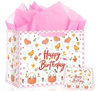 Large Farm Chicken Birthday Gift Bag, Chick Wrapping Paper Gift Bag Farm Animal Gifts Bag with Handles, Greeting Card and Tissue Paper for Chick Theme Baby Shower Birthday Supplies (Style 2)