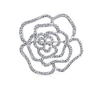 Large Fashion Statement Sparkling Party Rose Flower Shape Open Pave Crystal Wedding Brooch Scarf Pin For Women Silver Tone Rhodium Plated Brass