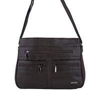Large Faux Leather Handbag/Shoulder Bag with 7 Zip Compartments & Double Zip Top (Dark Brown)
