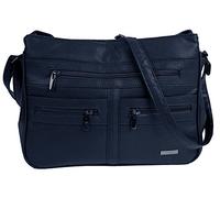 Large Faux Leather Handbag/Shoulder Bag with 7 Zip Compartments & Double Zip Top (Navy Blue)