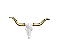 Large Faux Texas Longhorn Cow Skull Wall Hanging Sculpture by Wall Charmers | The Austin Bull Head Skull in White + Gold Horns Animal Skull Wall Mount Faux Taxidermy Rustic Western Wall Decor