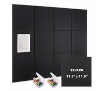 Large Felt Bulletin Board, 12 Pack 30 x 30 cm Black Pin Notice Board with 60 Pushpins and 72 Safe Removable Adhesive Tabs, Cork Boards Alternative, Felt Wall Tiles for Wall, Home, Office（Black）