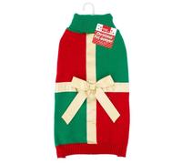 Large Festive Red Green Gold Present Design Pet Jumper with Harness/Lead Hole - Soft Acrylic Dog Christmas Sweater - Warm & Lightweight Holiday Outfit for Winter Walks & Seasonal Photos