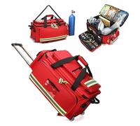 Large First Aid Kit Bag on Wheels - Rolling Medical Backpack with Removable Trolley, Waterproof Organizer Compartments & Reflective Strips for Home, Travel, Camping, Hiking (Red/Blue)(Red)