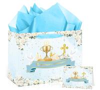 Large First Communion Gift Bag Baptism God Bless Party Gift Wrap Goodie Bag with Wrapping Paper and Card for Blue Floral Mi Primeria Communio Decorations Party Favors Supplies