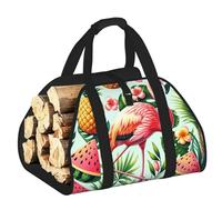 Large Flamingo-Palm-Leaves-Pineapple Firewood Carrier Bag, 600d Oxford Cloth Log Tote With Reinforced Handles, Open-End Wood Hauling Bag For Fireplace, Wood Stove, Camping And Outdoor Storage
