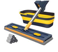 Large Flat Mop Set for Home, Flat Mop and Bucket System, Mops for Floor Cleaning and Wall Cleaner, with Foldable Bucket and 6 Microfibre Pads (Blue)