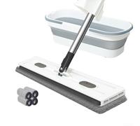 Large Flat Mop with 360 Degree Swivel Head, Adjustable Stainless Steel Handle for Corner Cleaning on Tiles and Hardwood Floors, Washable Microfiber Pad for Large(white folding bucket)