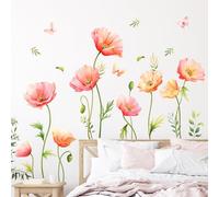 Large Flower Wall Stickers Pink Poppy Butterfly Floral Wall Decals