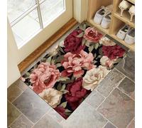 Large Flowers Door Mats 50 X 80 Cm, Washable Indoor Doormat Tpr Non-Slip, Dirt Trapper Front Door Mat Inside, Elegant Retro Super Absorbent Entrance Rug For Entryway, Pets And Dogs - Deep Red