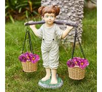 Large Flowers Girl Garden Statue In Stone, Flower & Succulent Planter, Pot Carrying Plants, Pots, Adorable Yard Decor | Indoor & Outdoor Ornament Cute Figurine Lawn, Patio, Home Decoration - 15” x 15”