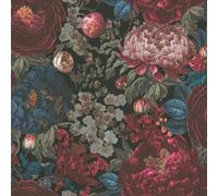 Large Flowers Red Blue Wallpaper - Botanical Moody Vintage - Elegant Mysterious Floral Pattern - Paste The Wall
