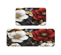 Large Flowers With Gold And Silver Leaves Kitchen Rugs Set Of 2 Non-Slip Floor Mat Runner Rug Doormat Area Carpet Laundry Room Kitchen Decor