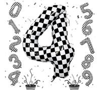 Large Foil Number 4 Balloons, 40 Inch Black and White Checkered 4 Balloon for Boys, Helium Self Inflating Checkered Racing 4 Balloons for Kids Girl 4th Birthday Race Car Flag Party Decoration Supplies