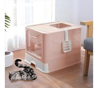 Large Foldable Cat Litter Box featuring an Enclosed Drawer & Lidded Top Entry Toilet for Cats - Anti-Splash Design with Plastic Scoop, Easy to Clean, Odorless Kitty Toilet (Pink),51 x 41 x 38 cm