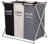 Large Foldable Laundry Basket with 3 Compartments, Metal Holder | three small pockets on the back,Laundry Bag with Handle for Bathroom, Bedroom, Home (Classic model)