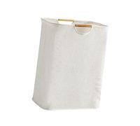 Large Folding Laundry Basket Storage Bag, Cotton Linen Shopping Bag Hamper with Wooden Handle for Household Bathroom (L)