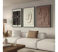 Large Framed Abstract 3D Textured Wall Art for Living Room, 3-Piece Modern Neutral Artwork for Walls, Geometric Brown White Textured Wall Art Big Size Sandstone Painting Prints for Meeting Room