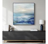 Large Framed Blue Abstract Wall Art Decor, Square Coastal Print, 30x30 Inch | Modern, Minimalist, Ocean, Canvas artwork, Living room, Bedroom wall decor, Bathroom art, Ready to hang, Solid wood frame