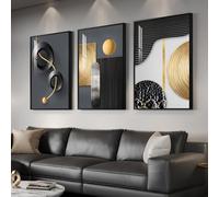 Large Framed Modern Elegant Wall Art for Living Room, 3 Piece Contemporary Luxury Prints Paintings, Black and Gold Abstract Geometric Pictures for Bedroom Entryway Home Office Wall Decor 24x36 In