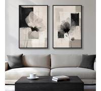 Large Framed Neutral Abstract Floral Wall Art, Set of 2 Black and Beige Modern Canvas Prints Paintings Artwork for Walls, Minimalist Pictures for Living Room, Dining Room, Bedroom Wall Decor 24x36 In