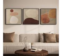 Large Framed Neutral Abstract Wall Art for Living Room, 3 Piece Modern Beige Brown Canvas Prints Artwork for Walls, Minimalist Stone Shape Square Wall Art for Bedroom Office Wall Decor, 24x24 Inch