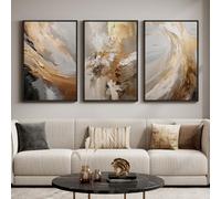 Large Framed Neutral Abstract Wall Art for Living Room, 3 Piece Modern Canvas Prints Paintings Artwork for Walls, Oversized Beige Gold Pictures for Hallway Dining Bedroom Office Wall Decor 24x36 In