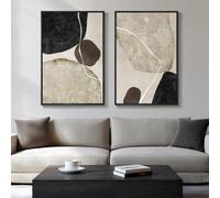 Large Framed Neutral Abstract Wall Art Set of 2, Modern Black Beige Brown Canvas Prints Paintings Artwork for Walls, Minimalist Stone Shape Pictures for Living Room Dining Bedroom Wall Decor 24x36 In