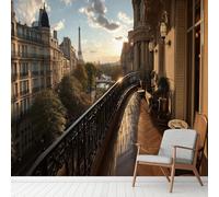 Large France Romantic Cityscape Wallpaper, Paris Eiffel Tower Wall Murals PVC Waterproof, Balcony Sunshine Mural Peel and Stick Wall Decals for Living Room 390x260 cm