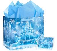 Large Frozen Gift Bag Snowflake Winter Birthday Favors Bags with Greeting Card and Tissue Paper Frozen Snowflake Castle Wrapping Paper Bags for Kids Girls Boys Birthday Party Decorations Supplies