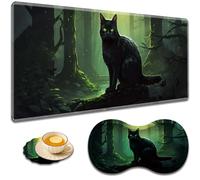 Large Game Mouse Pad + Wrist Support Pad + Coffee Coaster, Desk Pad with Sewn Edges, Anti-Slip Set pad Suitable for Office Work and Home - Black Cat Green Forest