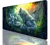 Large Gaming Mouse Mat 27.56 x 15.75 in, Mouse Pad with Stitched Edges, Green Mouse Mat with Non-Slip Rubber Base and Waterproof Surface, Comfortable Wolf Mouse Pad for Laser/Optical Mice XF-90