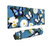 Large Gaming Mouse Pad Blue Butterflies White Flowers Desk Mat Protector for Desktop Mousepad Waterproof Writing Pads with Anti-Slip Rubber Base Keyboard Pad for Gamer Office Home 31.5" x 12"